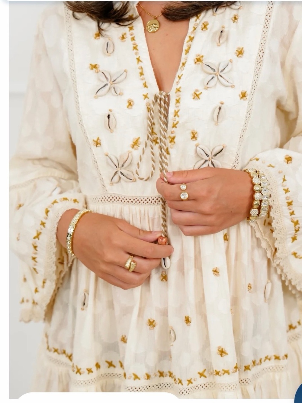 POL Cream Embroidered Long Sleeve Peasant Dress with Gold Accents